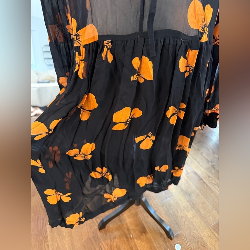 Ganni Black Sheer Dress with Orange Floral Design Lined on Bottom - Picture 8 of 15